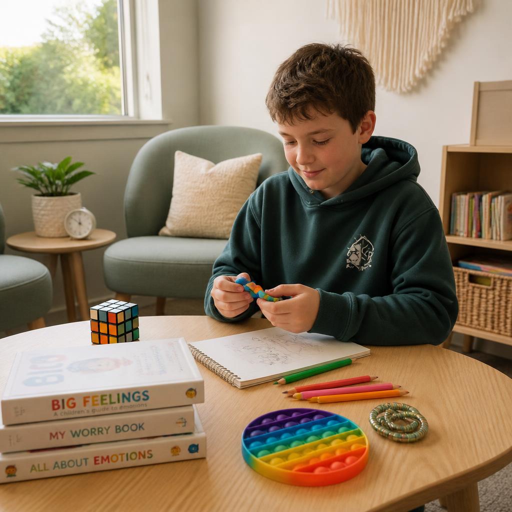 A child in a therapy session at a table with a Rubik's cube, feelings books, sketchbook, pop-it and tangle fidget