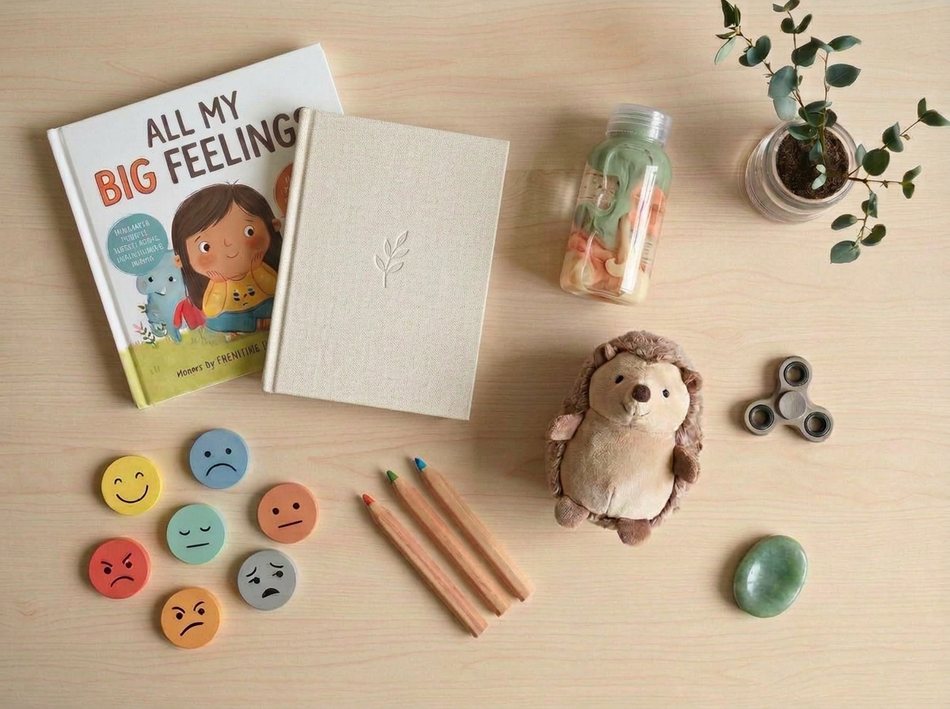 A calming flat-lay of children's therapy items — journal, feelings book, emotion faces, coloured pencils, a plush hedgehog, sensory bottle and eucalyptus