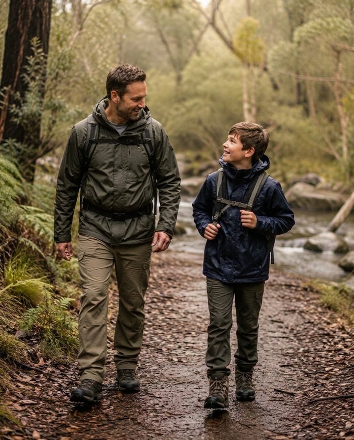 A parent and child walking together along a forest path
