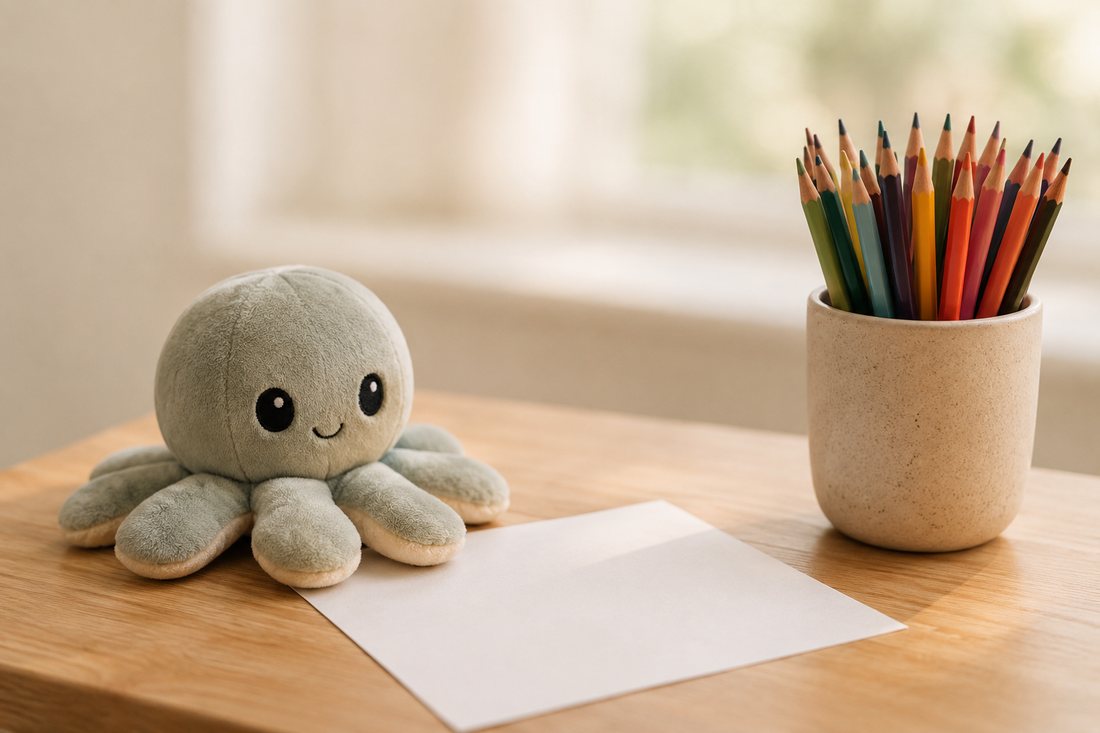 A plush octopus toy beside a stack of blank paper and a cup of colourful pencils on a sunlit wooden desk in the therapy space