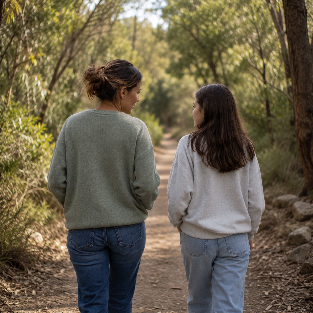 A parent and child walking together along a bush path, talking gently
